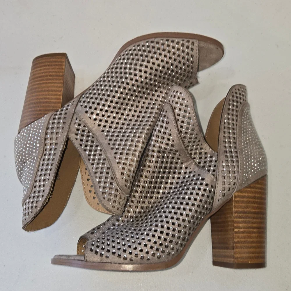 Taupe Suede Laser Cut Studded Peep Toe Block Heel Boots Size 8.5 German outsole‎